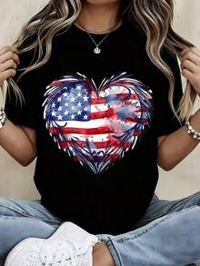 Soft And Stylish Women's T-Shirt With Heart And American Flag Print, Casual Summer Top For Patriotic Independence Day Celebrations - 黑色 - 查看 7