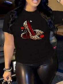 Camisetas Para Mujer AlgodónCamiseta moderna de mujer estampado de tacones de leopardo atractivo y labios rojos casual para el día a día talla S-XL en color negro ropa femenina de moda combinable mundial 2026 - Negro - Ver 6