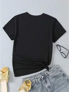Camiseta de manga corta con cuello redondo para mujer con estampado gráfico de labios y cerezas - Negro - Ver 4