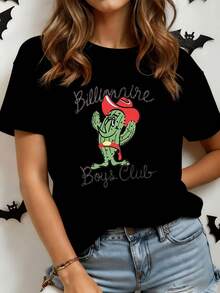 Cactus con sombrero rojo representando alegría desértica y espíritu libre junto a letras divertidas que expresan confianza camiseta de mujer casual cómoda para verano - Negro - Ver 1