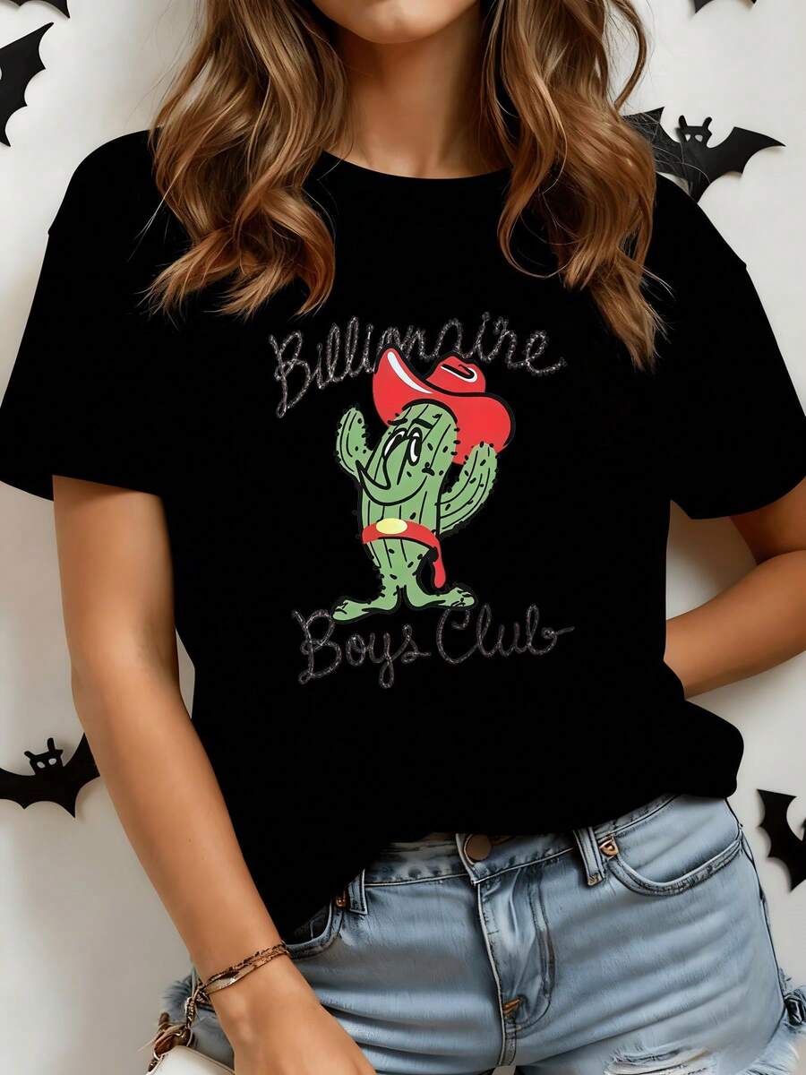 Cactus con sombrero rojo representando alegría desértica y espíritu libre junto a letras divertidas que expresan confianza camiseta de mujer casual cómoda para verano - Negro - Ver 1