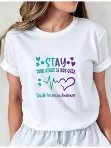 Camiseta Estampada para Mujer con Gráficos y Texto Colorido - Camiseta Casual de Manga Corta y Cuello Redondo, con un Corte Relajado para Todas las Estaciones, Perfecta para el Uso Diario y Atuendos de Vacaciones (Lavable aáquina). - Blanco - Ver 7