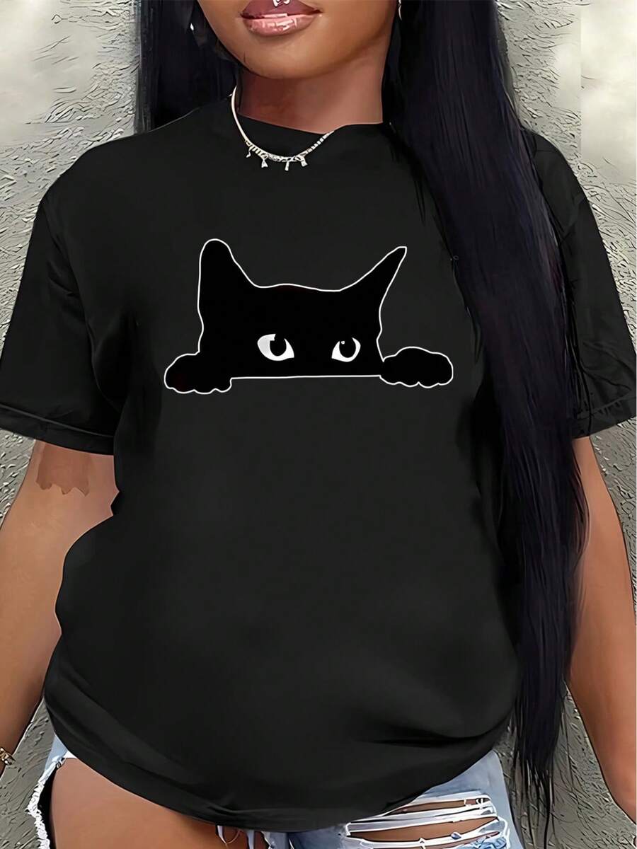 Camiseta de manga corta, ligera y duradera, con un diseño de cara de gato, es perfecta para descansar en casa o para usar de manera casual en una cafetería, lo que la convierte en una opción ideal para salidas diarias y momentos de ocio.blusa casual mujer - Negro - Ver 1