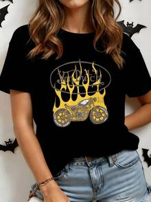 Motorcycle With Wings Surrounded By Flames Symbolizes Freedom, Strength, And A Rebellious Spirit. Attractive Retro Art. Comfortable Casual T-Shirts For Authentic Expression. Modern Women's T-Shirt For Everyday Wear. - 黑色 - 查看 8