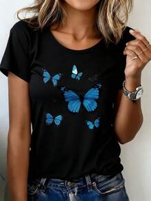 Camiseta Deportiva Casual para Mujer con Ilustraciones de Mariposas Azules - Camiseta Negra Elástica de Cuello Redondo, Lavable aáquina, Ajuste Cómodo para Todas las Estaciones, Perfecta para Combinar con Jeans Azules. - Negro - Ver 6