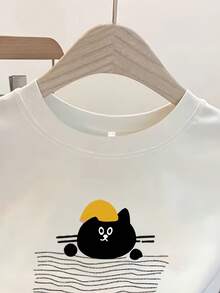 Diseño Simple y Versátil Primavera/Verano Casual Cuello Redondo a la Moda Corte Holgado Versátil Camiseta de Manga Corta para Mujer Camiseta Estampada de Algodón - Blanco - Ver 2