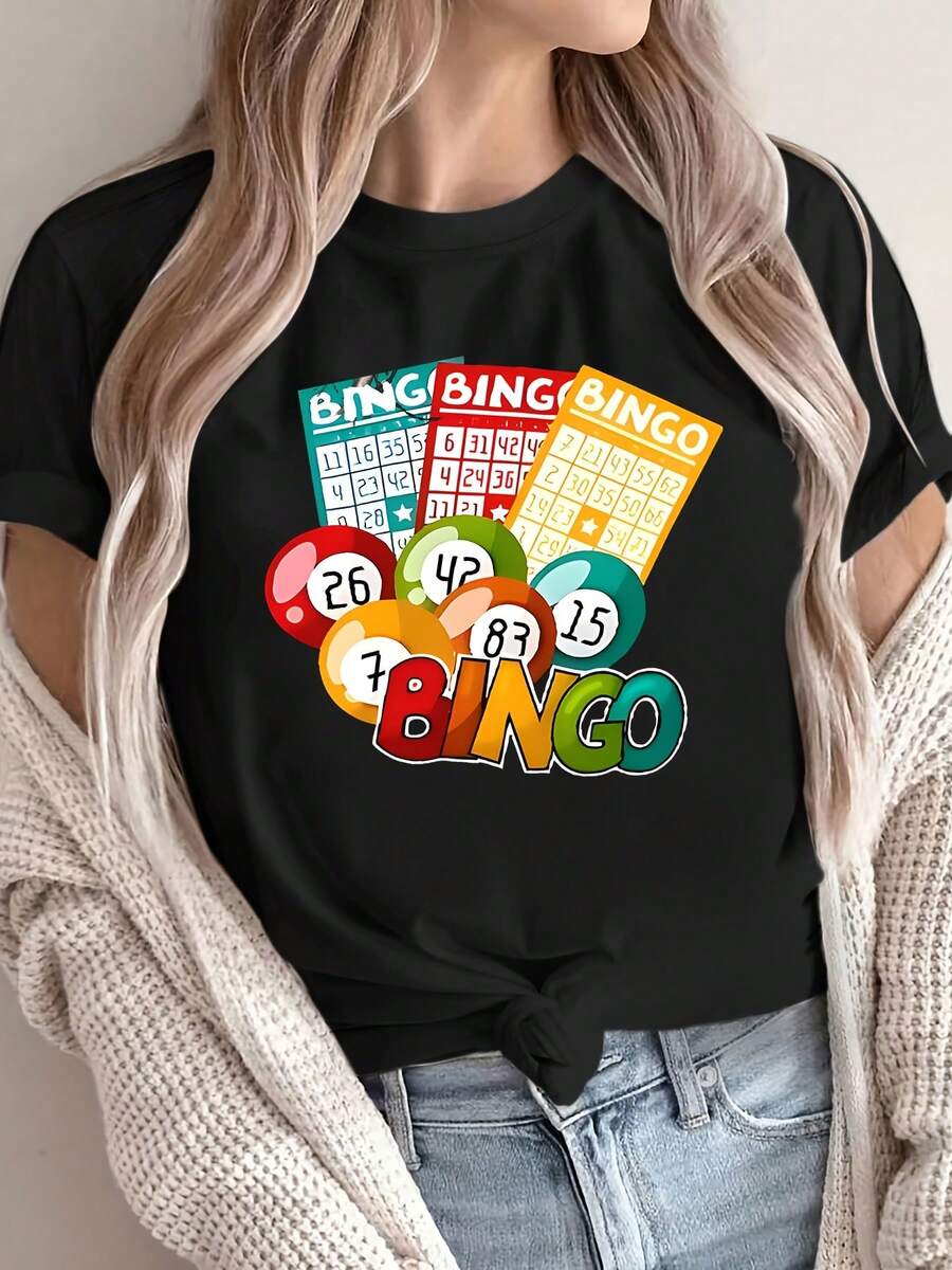 Top casual de primavera/verano para mujer con cuello redondo y mangas cortas, con un diseño temático de juego de bingo que incluye bolas numeradas y la palabra "Bingo". Camiseta, tela transpirable y lavable a máquina, adecuada para comodidad en todas las estaciones. - Negro - Ver 1