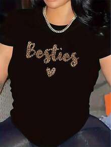 Lightweight Short Sleeve T-Shirt With Leopard Print Besties Design | Ideal For Restaurants Or Living Rooms, Durable And Lightweight, Comfortable Fabric, Stylish And Perfect For Everyday Wear, Ideal Gift For Friends And Family Gatherings. - 黑色 - 查看 6
