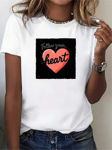 Women's Casual Blouse, Simple Style For Everyday Wear, Follow Your Heart, 180g T-Shirt - Perfect Valentine's Day Gift For Her, Modern Unisex Design, Suitable For Family Outings Or Team Activities In The Office. Comfortable, Soft, And Simple Short-Sleeve Top For Everyday Wear. - 白色 - 查看 7