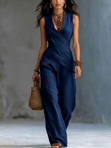 Conjunto Casual de Oficina Estilo Europeo Americano 2026, Top Cruzado Cuello V y Pantalones Simples para Mujer - Azul marino - Ver 1
