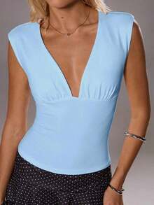 Camiseta sin Mangas Casual Ajustada con Cuello en V Profundo para Mujer, Primavera/Verano - Azul - Ver 3