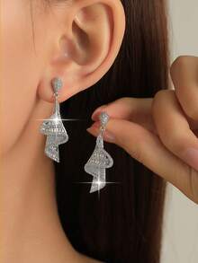 1 đôi bông tai cưới dài hình xoắn ốc Fantasy Fashion dành cho nữ, đính đá Cubic Zirconia AAA, trang sức kiểu dáng thả lơi. - trắng - Xem 1