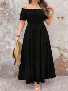 Clasi Vestido elegante, versátil y popular con diseño de volantes, lazo y cintura elástica acampanada, en estilo minimalista vintage y casual, adecuado para primavera, verano y otoño, color negro, talla grande - Negro - Ver 3