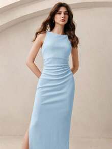 xheBizChic Vestido de tirantes finos con cintura fruncida y abertura lateral en color crema amarillento, moderno y elegante para uso urbano y diario, con estilo romántico retro de los 90. Adecuado para Navidad, Año Nuevo, San Valentín, fiestas, playa, graduación, moda, festivales, vacaciones, invitados de boda, anfitriona, citas, fiestas, conciertos, brunch, aeropuertoxhe - Celeste - Ver 8