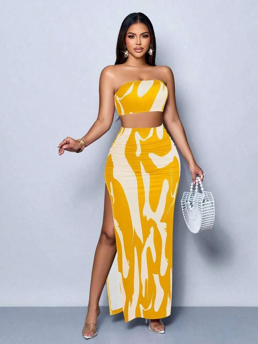Vestido maxi elegante de fiesta con estampado de rayas abstractas y colores vibrantes, diseño ceñido y sexy, perfecto para salir, fiestas y vacaciones - Multicolor 3 - Ver 1
