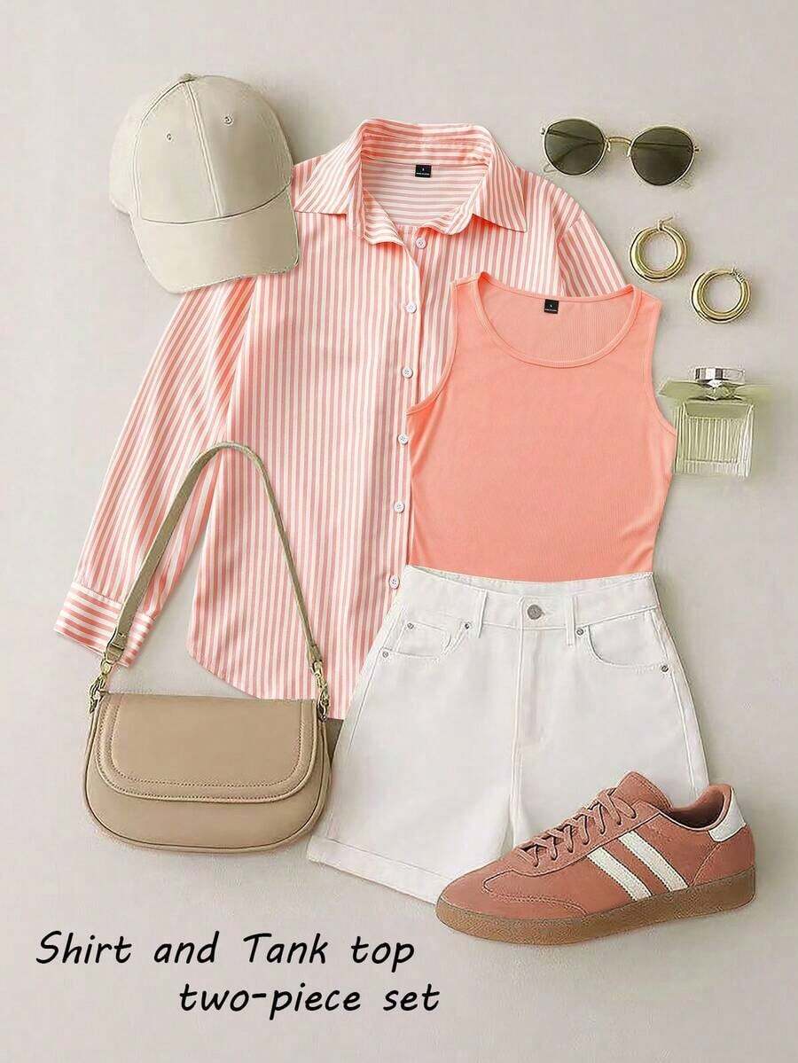 Everyssa Camisa holgada a rayas verde oliva y top sin mangas de punto para mujer - Naranja Coral - Ver 1