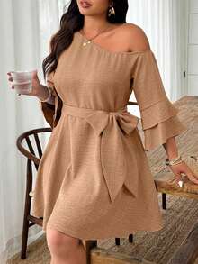 Weeklong Vestido bohemio de vacaciones mini con cuello asimétrico, manga con volantes y estampado floral naranja para tallas grandes - Marrón - Ver 6