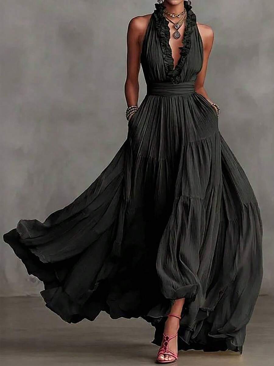 Women's Long Sleeveless Dress With Deep V-Neck And Ruffles, A-Line Cut, Made Of Woven Fabric, Ideal For Parties. - Hitam - View 1