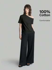 2026SS Nueva Blusa de Mujer de unicolor con Hombros Descubiertos, Uso Casual Diario, Camiseta de Manga Corta Holgada, Blusas de Verano para Mujer, Casual de Negocios, Vacaciones, Playa, Fiesta de Cumpleaños, Atuendo de Maestra, Regreso a Clases - Negro - Ver 3