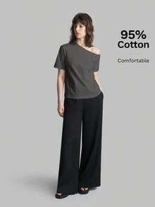 Camiseta de mujer de manga corta y hombro asimétrico, primavera/verano 2026.Camiseta casual urbana elegante con cuello asimétrico, adecuada para oficina, maestros, invitados de boda, vacaciones, casual de negocios, versátil - Gris Oscuro - Ver 6