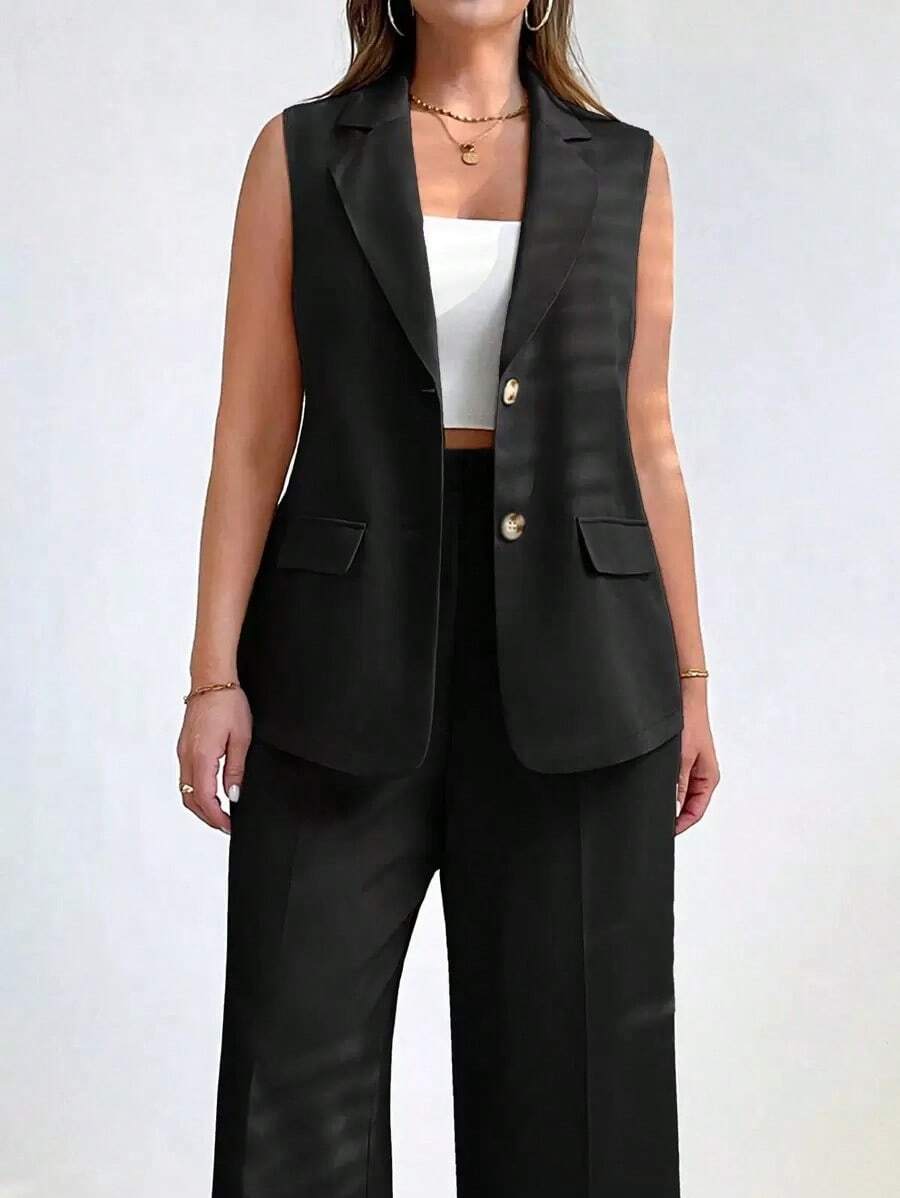 de mujer para verano y otoño, ropa de mujer de negocios, ropa de moda casual para ir y venir, ropa de vacaciones, ropa de oficina, ropa casual de negocios, ropa de orgullo, ropa de talla grande, blazer sin mangas de un solo pecho de unicolor, - Negro - Ver 1