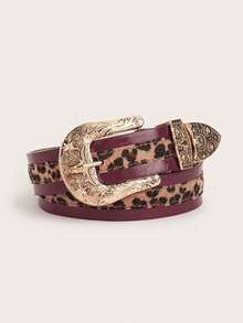 1pc Women's Retro Western Metal Buckle Burgundy Leopard Print Multi-Color Dragon Pattern Flower Belt Jeans Versatile Decorative Belt - Burgundy-leopard Print Stitching - View 6