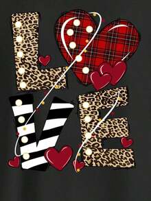 Camiseta de manga larga con cuello redondo, un solo tirante asimétrico y estampado de corazones para mujer, de estilo casual y minimalista, adecuada para el invierno y el Día de San Valentín - Negro 3 - Ver 4