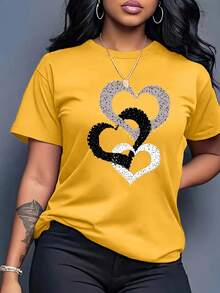 Camiseta de Verano para Mujer con Estampado de Corazones, Cuello Redondo y Manga Corta, Estilo Deportivo y Moderno para Todas las Temporadas - Blanco - Ver 9