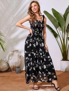 Vestido maxi con estampado floral, hombros con lazo y escote fruncido de gasa para mujer - Negro - Ver 5
