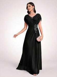 Vestido con flores 3D bordadas para novia, madre de la novia, moda de primavera y verano para fiesta, cita, vacaciones, boda, celebridad, con cintura elegante y falda amplia, para el Día de San Valentín - Negro - Ver 1