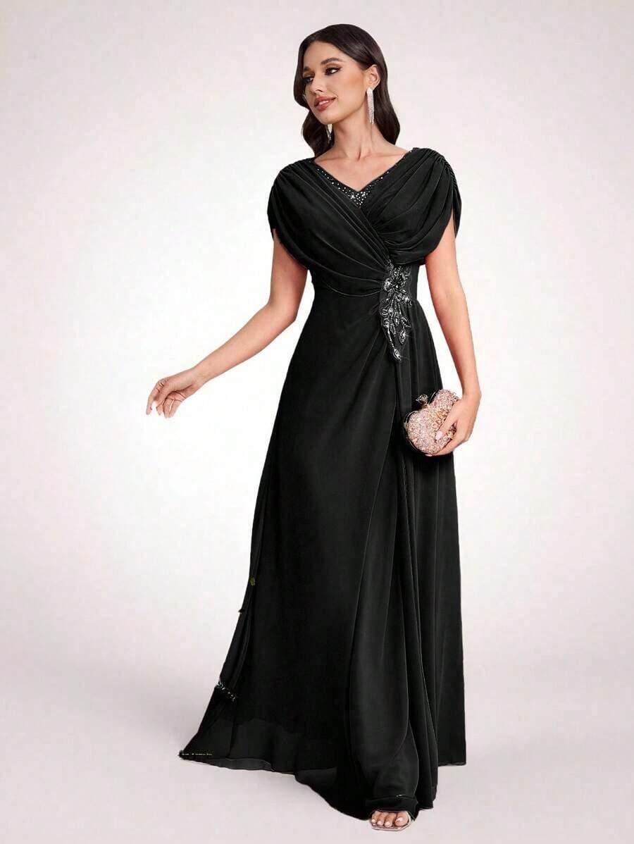 Vestido con flores 3D bordadas para novia, madre de la novia, moda de primavera y verano para fiesta, cita, vacaciones, boda, celebridad, con cintura elegante y falda amplia, para el Día de San Valentín - Negro - Ver 1