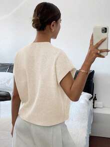 Blusa de punto de unicolor para mujer, simple y de moda, para uso diario.Blusa de punto de color gris sólido con patrón hecho a mano, con bloques de color y ribete negro, con flor 3D, para primavera.Se puede usar fuera, dentro, para uso diari - Albaricoque - Ver 2