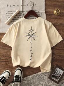 Camiseta de mujer de manga corta y cuello redondo informal - Estampado impreso, tela suave y cómoda, lavable aáquina, blusas de verano,Soft Fabric, Loose Design, Round Neck, Short Sleeves, Springsummer, Daily Wear - Albaricoque - Ver 6