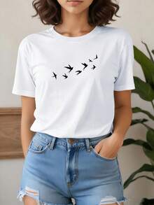 New 2026 Fashion Style Pure Short Sleeve T-Shirt With Flying Bird Print, Casual And Elegant Short Sleeve Top For Women's Summer Party Wear - [白色的] - 查看 1