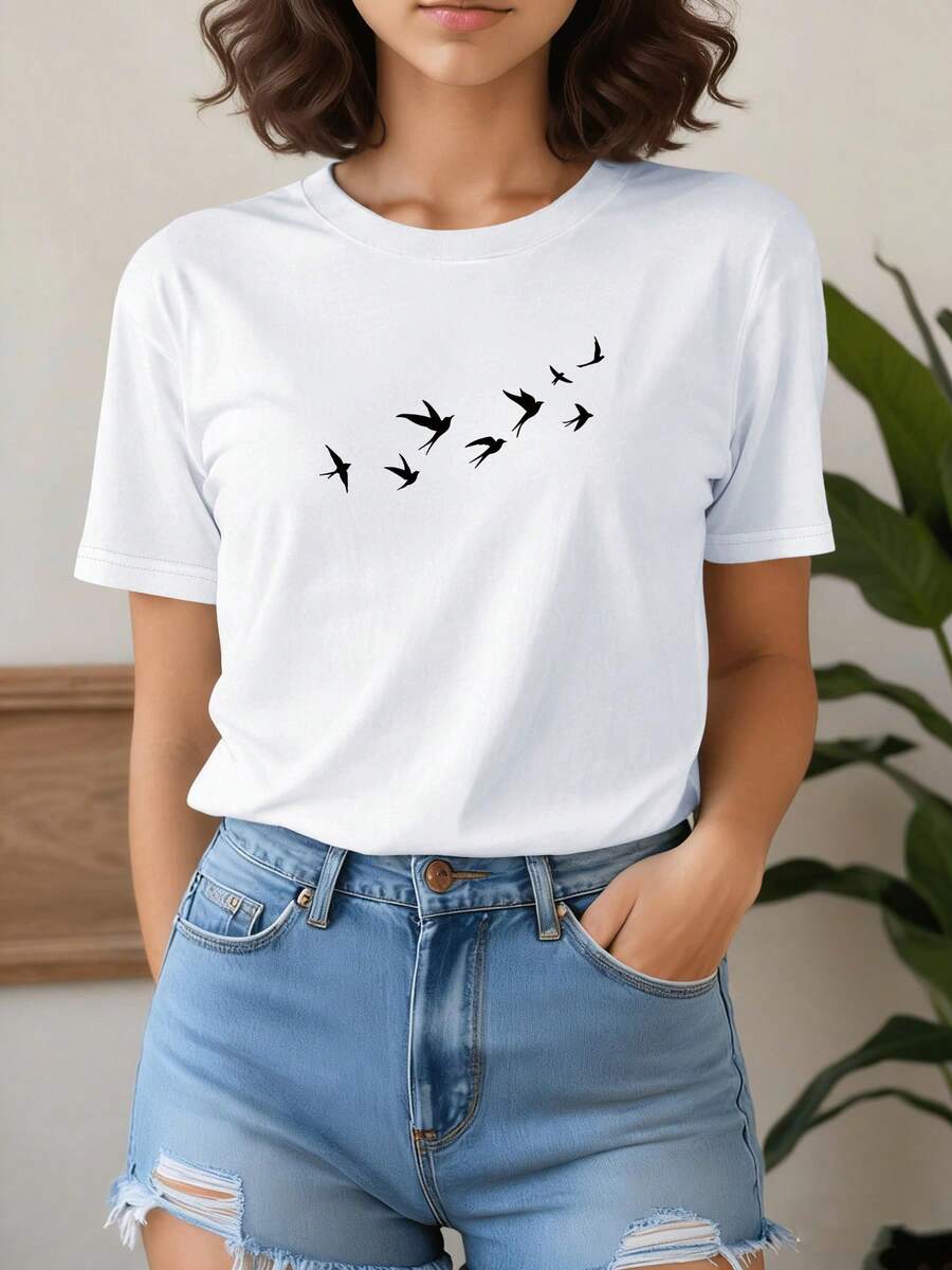 New 2026 Fashion Style Pure Short Sleeve T-Shirt With Flying Bird Print, Casual And Elegant Short Sleeve Top For Women's Summer Party Wear - [白色的] - 查看 1