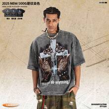 Camiseta de hombre Lawfoo de estilo americano, de algodón puro, lavada a la piedra, holgada, casual, con estampado de nicho, en gris plateado. - Blanco - Ver 3