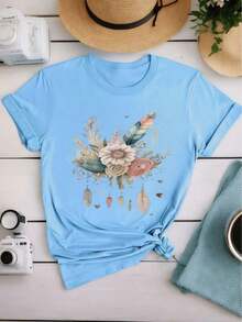 Women's White Summer T-Shirt, Watercolor Floral Design With Heart And Teardrop, Bohemian Style, Casual Round Neck, Soft Cotton, Romantic And Whimsical Design For Flower Lovers In Spring And Summer - 藍色 - 查看 12