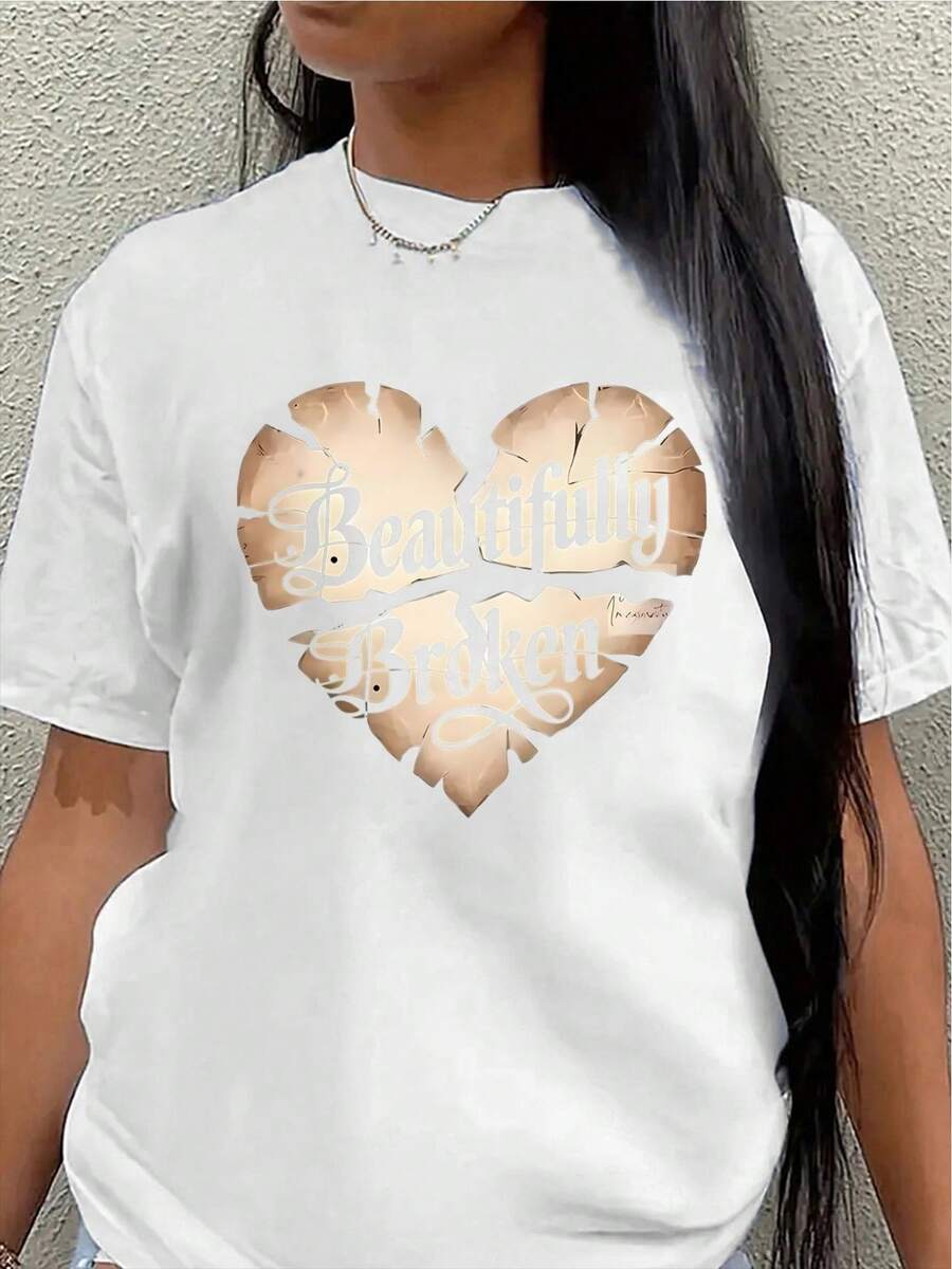 Polyester Short-Sleeved T-Shirt, Adorned With A Beautiful Broken Heart Design, Lightweight And Durable, Suitable For Home, Cafes, Or Outdoor Leisure Activities, Comfortable And Fitted For Everyday Wear. Women's Blouses > Clothing - 白色 - 查看 1