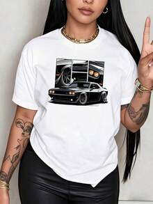 100% Cotton. Stunning Classic American Sports Car With Futuristic Details On A 100% Cotton Women's T-Shirt That Evokes Speed, Power, And Pure Adrenaline. Women's T-Shirt. Simple Solid Color, Loose And Fitted Cut, Casual Short Sleeve. - 白色的 - 查看 12