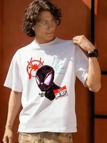 Spider Man Mask Red Web Graphic T Shirt 100 Percent Cotton Tshirts For Men MARVEL Marvel Universe Superhero Summer Outfits Men Mens Clothing Mens Tops Streetwear Mens Gift Ideas Innerwear Or Outfits,Mens Fashion - White - View 3