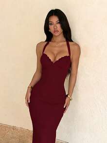 Women's Beach Dress, Summer Elegant Sexy Party V-Neck Waist-Defining Bodycon Dress, Women's Independence Day Outfit, Vacation, Birthday Party, Wedding, Holiday, Gathering - Burgundy - View 4