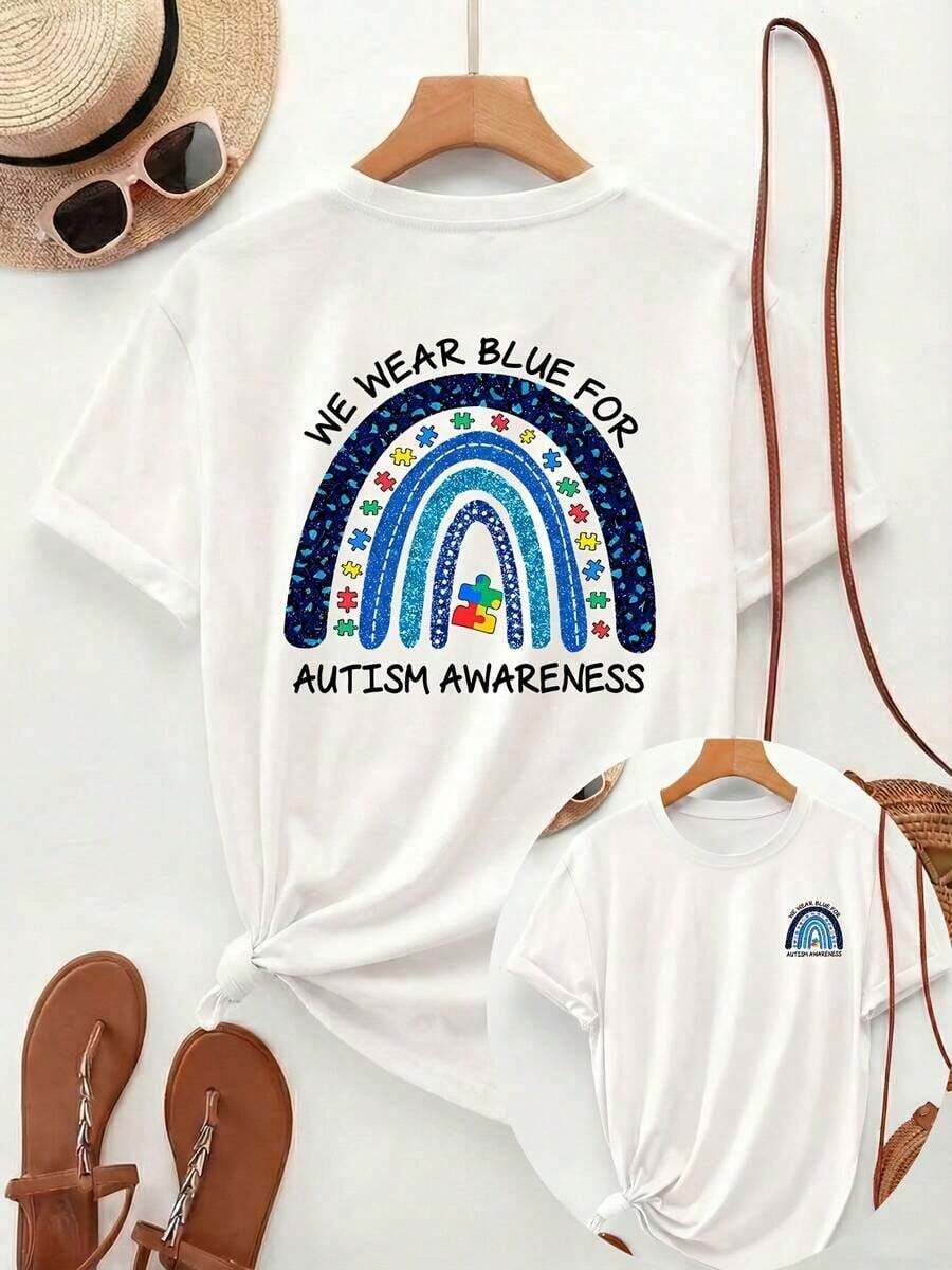 Camiseta Casual de Verano para Mujer [Doble Cara]ImprimirMujeresPrimavera/VeranoInformalEstiloConARedondoEscoteYCortoMangas,Con características destacadasAArcoírisArcoPatrón,ACentralRompecabezasPiezaYElTexto"USTEDESROPAAZULPARAAUTISMOCONSCIENCIAEncendidoElSuperiorYParte inferior,AdecuadoParaTodosEstaciones del año,100%Algodón - Blanco - Ver 1