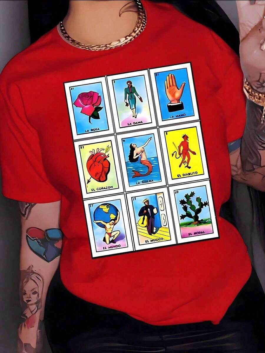 Gift. Print Inspired By Mexican Lottery Cards With Symbols Like The Rose, The Heart, And The Little Devil Representing Love, Strength, And Luck. Women's T-Shirt, 100% Cotton. Soft. - 紅色的 - 查看 1