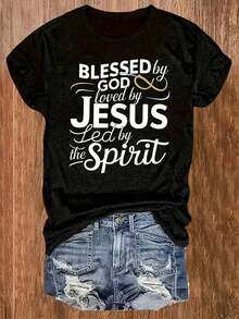 Camiseta casual de cuello redondo con estampado de letras - Negro - Ver 6