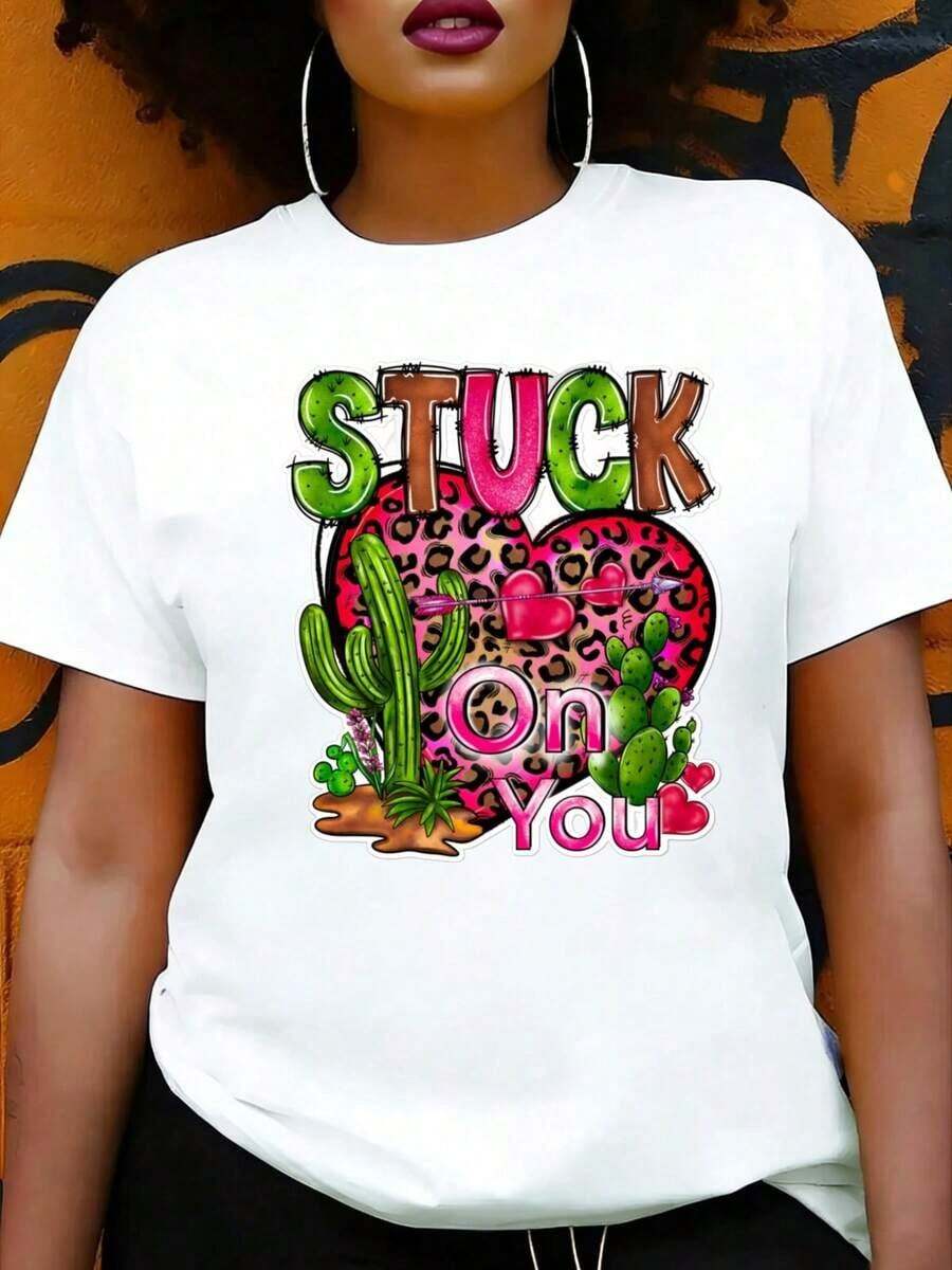 Camiseta Casual Divertida para Mujer con Diseño de Corazón de Cactus, Ropa de Verano, Regalo para Ella - Blanco - Ver 1