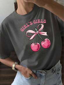 YOCASA Camiseta informal de verano para mujer, de cuello redondo, ajustada y manga corta, con estampado de pintura al óleo, floral, de corazones, de cerezas y de letras. Tejido informal sencillo, estilo deportivo, ideal para el día a día y para una cita de San Valentín. - GRIS-YH429 - Ver 1