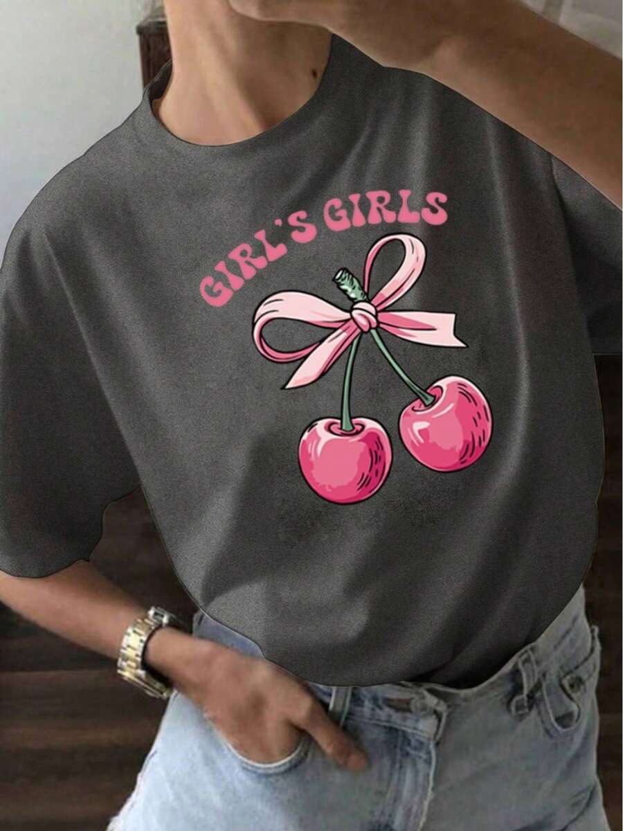 YOCASA Camiseta informal de verano para mujer, de cuello redondo, ajustada y manga corta, con estampado de pintura al óleo, floral, de corazones, de cerezas y de letras. Tejido informal sencillo, estilo deportivo, ideal para el día a día y para una cita de San Valentín. - GRIS-YH429 - Ver 1