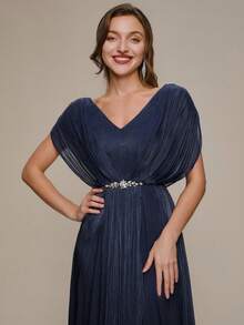 EVERPRETTY Women's Elegant Romantic V-Neck Short Sleeve Ruffle Sleeve Chiffon Plus Size Evening Dress, Suitable For Spring/Summer Wedding, Formal Occasion, Graduation Party, Holiday, Birthday Party - Navy Blue - View 5