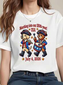 White T-Shirt With Cartoon Patriotic Dog Marching Band Design For The 250th Anniversary Of The United States, Casual Summer Style, Red, White And Blue Star And Stripe Print, Women's Top For The July 4th 2026 Independence Day Celebration, 180g Cotton Blend - 白色 - 查看 5