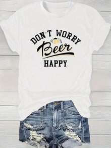 Women's Casual T-Shirt, Printed With The Words "Don't Worry, Beer Is Fun", Round Neck, Short Sleeve, Regular Length, Knit Top For All Seasons - 白色 - 查看 12